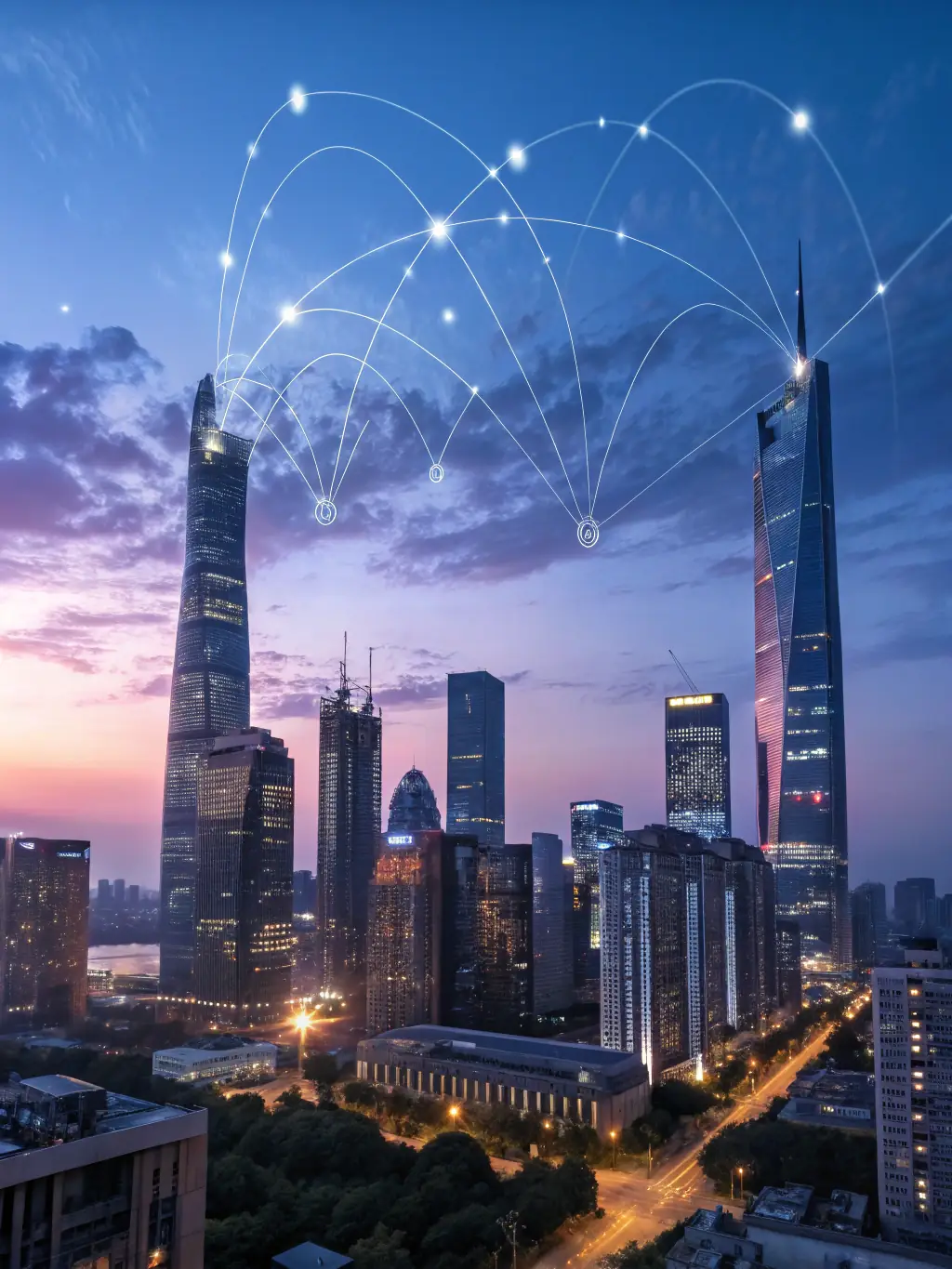 A futuristic cityscape with fiber optic cables connecting buildings, symbolizing the future-proof nature of Xgen Networks' infrastructure.