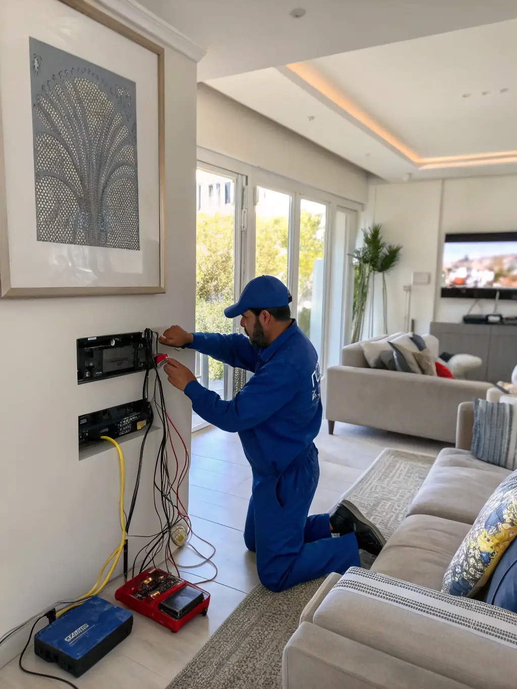 A modern home interior with a technician installing a fiber optic cable connection, highlighting Xgen Networks' residential fiber solutions.