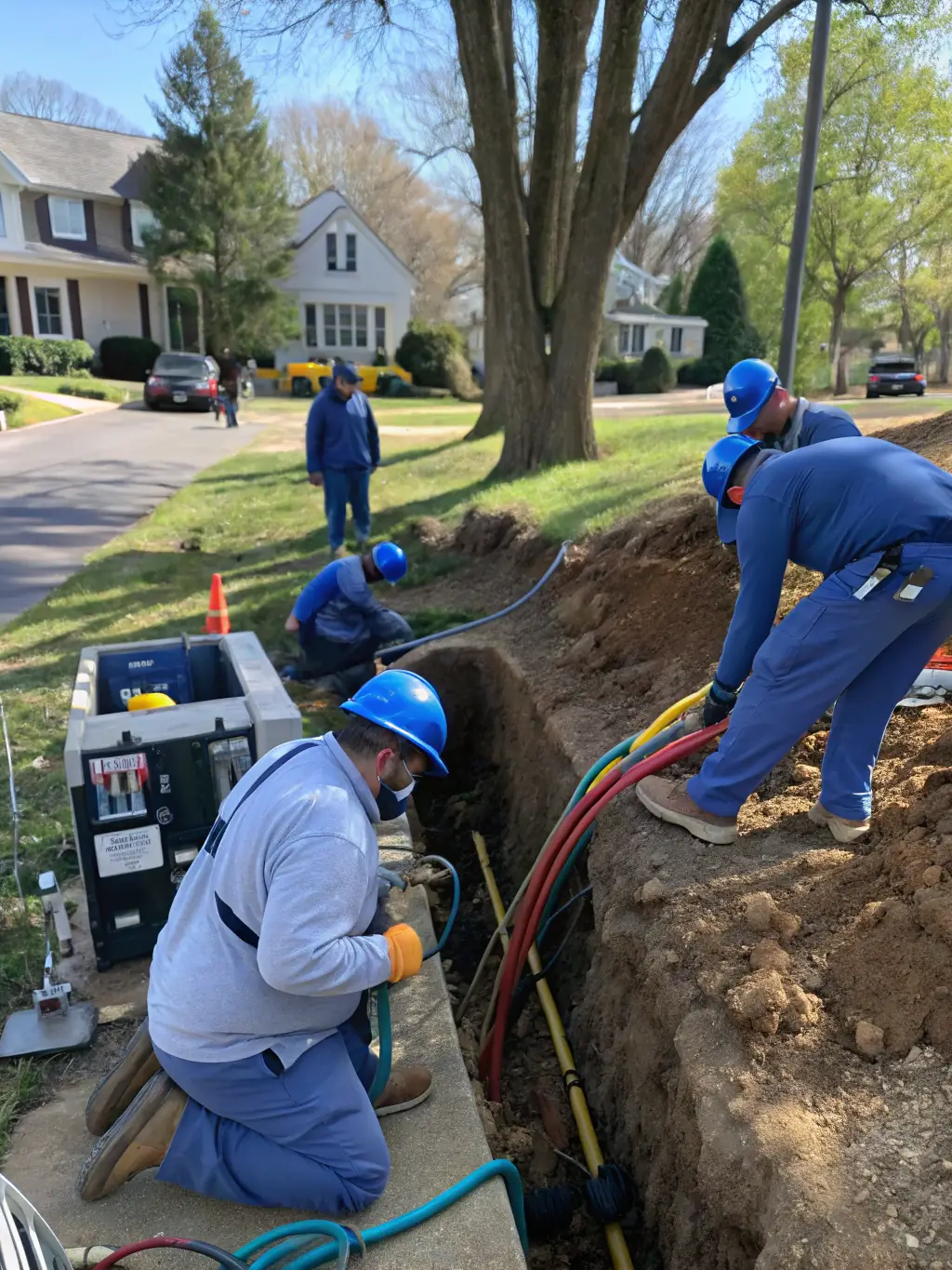 A construction crew installing underground fiber optic cables in a suburban neighborhood, showcasing Xgen Networks' expertise in fiber network construction.